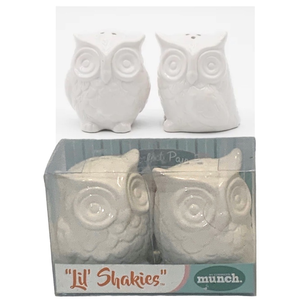 Owl Salt & Pepper Shaker Set LiL Shakies Porcelain White By Godinger Silver Art